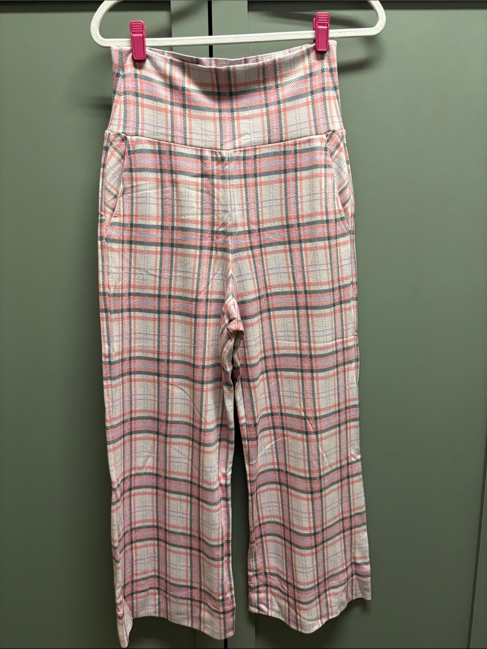 CAbi Pink Plaid High-Waist Cropped Wide-Leg Pants
